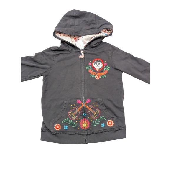 Disney Coco‎ Movie Zip Up Hoodie Embroidered Art Gray Kids Size 9/10 - Picture 8 of 11